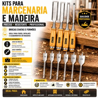 Kit Jogo de Formão e Brocas Chatas para Madeira Marceneiro Carpintaria Profissional Completo