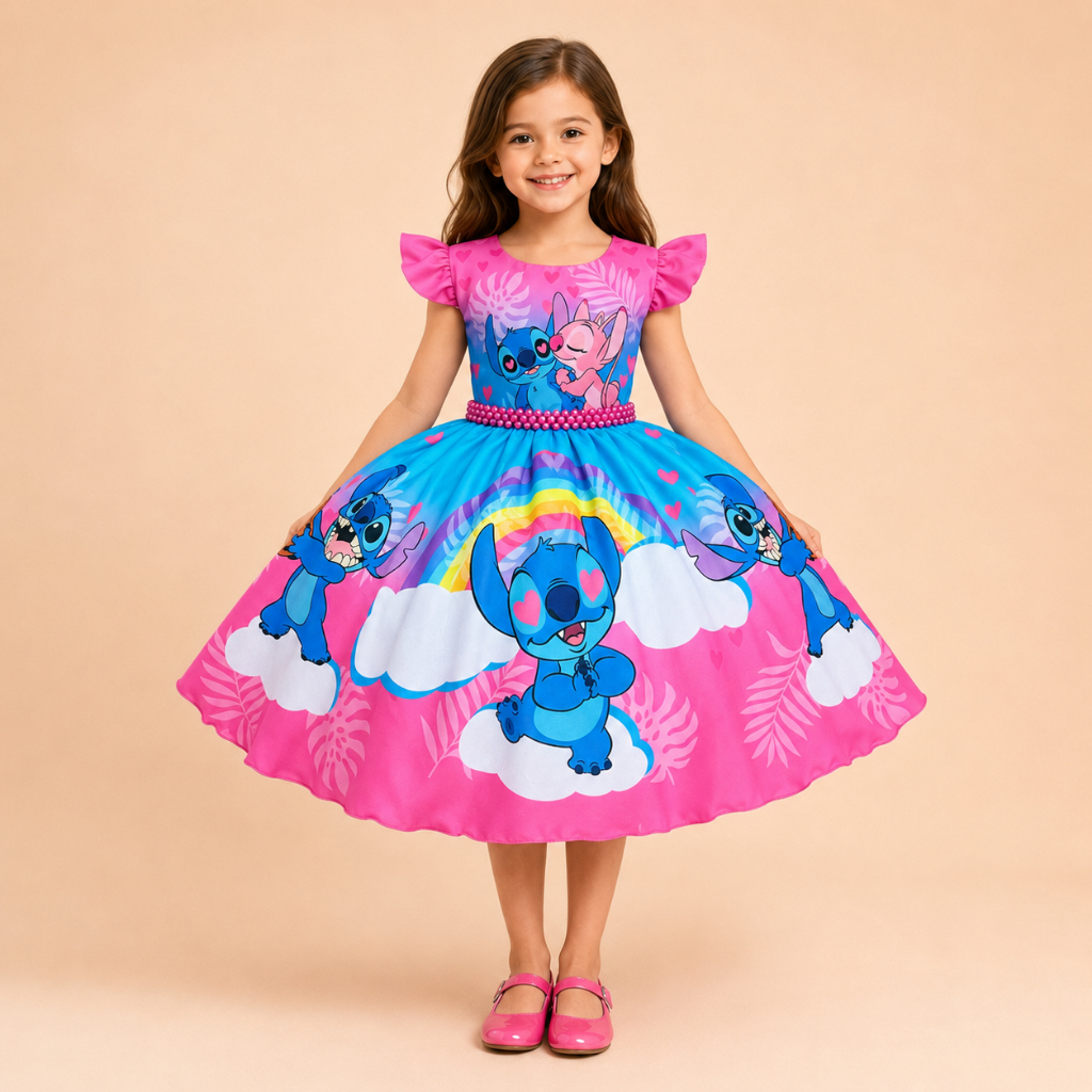 Vestido Stitch Infantil Arco-Íris Rosa Pink Festa de Aniversário Menina 1 a 12 anos