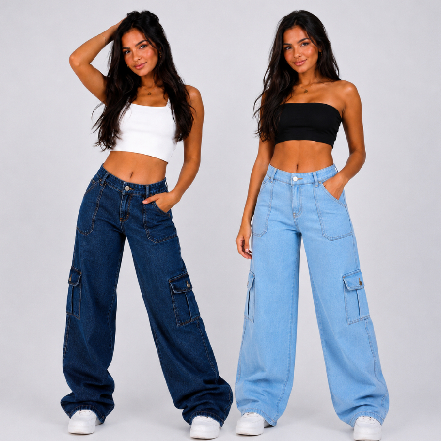 Kit 2 Calça Cargo Jeans Menina blogueirinha Juvenil 10 ao 16 anos com bolsos laterais premium