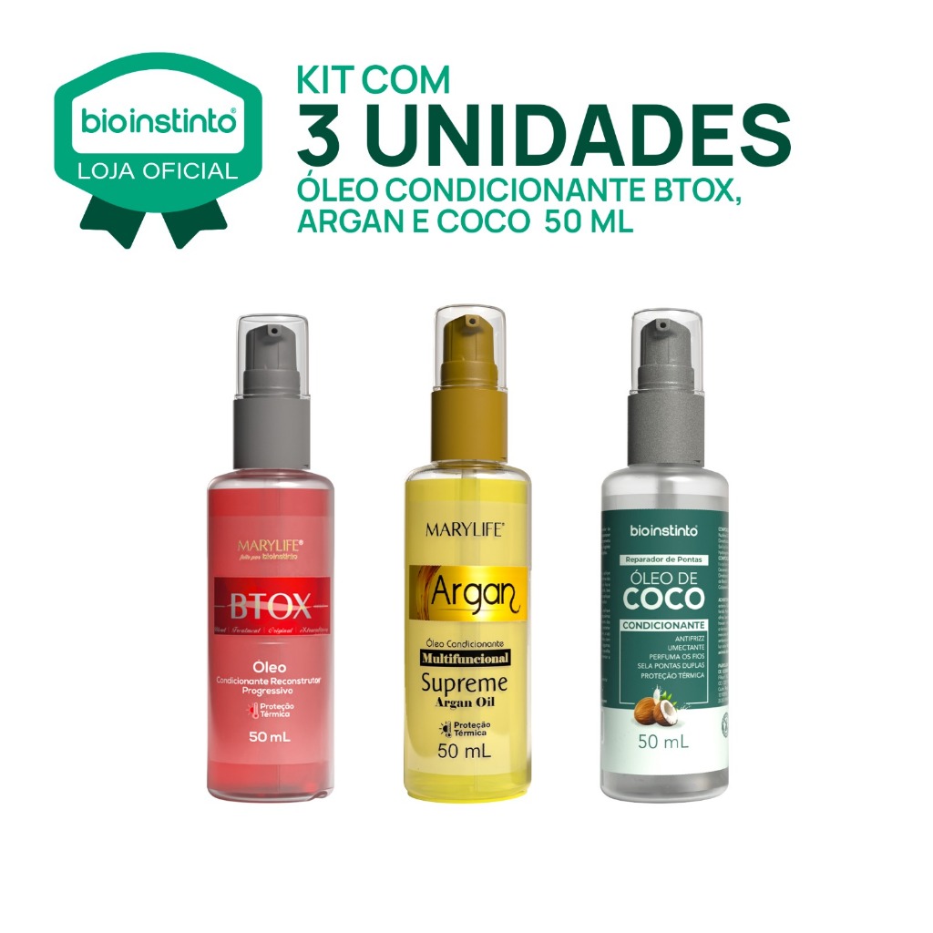 3 Óleos - Supreme argan 50ml Mary Life + Óleo Btox 50ml Mary Life + Óleo de Coco 50ml Bio Instinto
