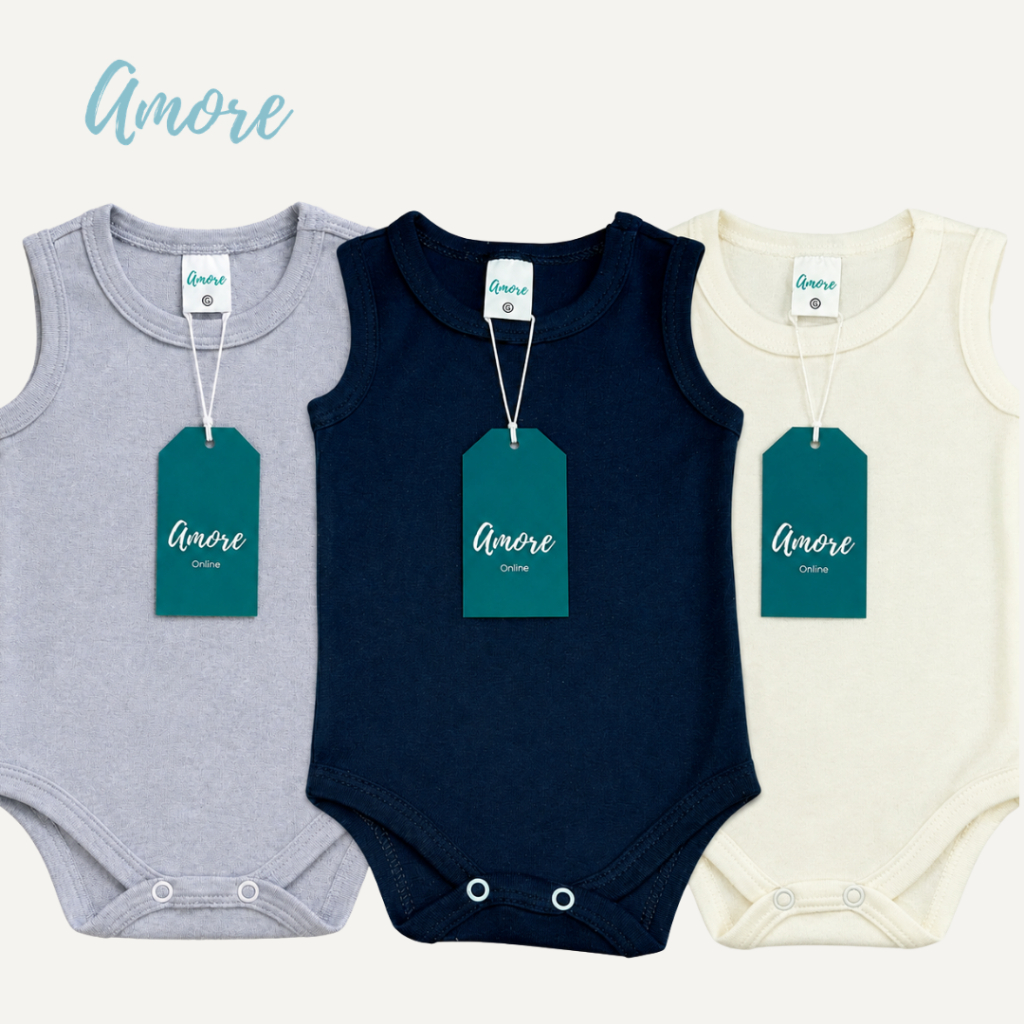 Kit 3 Body Regata Bebê Amore Calor Verão Minimalista 100% Algodão
