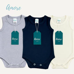 Kit 3 Body Regata Bebê Amore Calor Verão Minimalista 100% Algodão