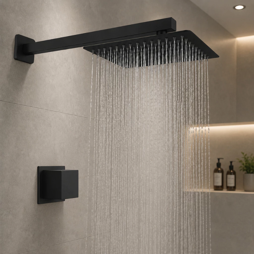 kit Chuveiro Inox Quadrado 20x20 Preto Articulado com Acabamento para Banheiro, Piscina Área Externa — imagem 1