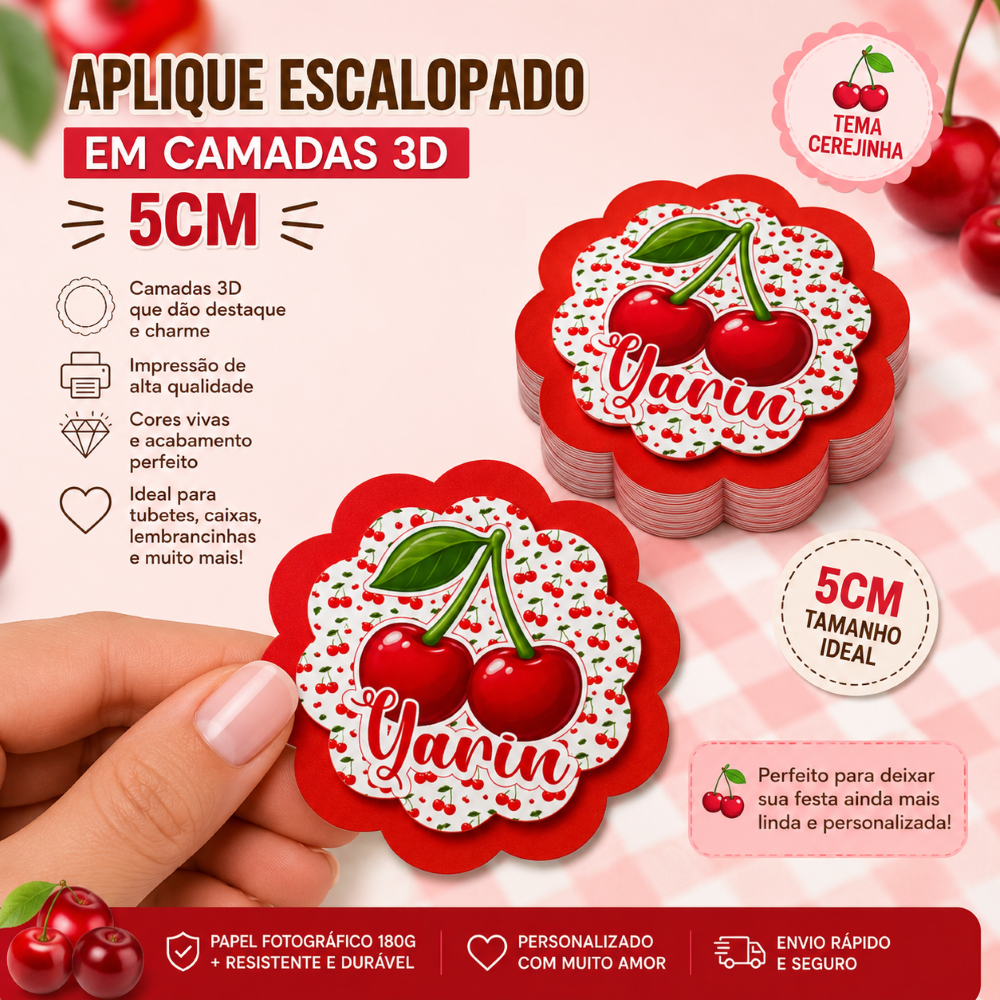 Aplique Escalope 3D Personalizado com Nome Cerejinha 5cm | Lembrancinhas e Caixinhas