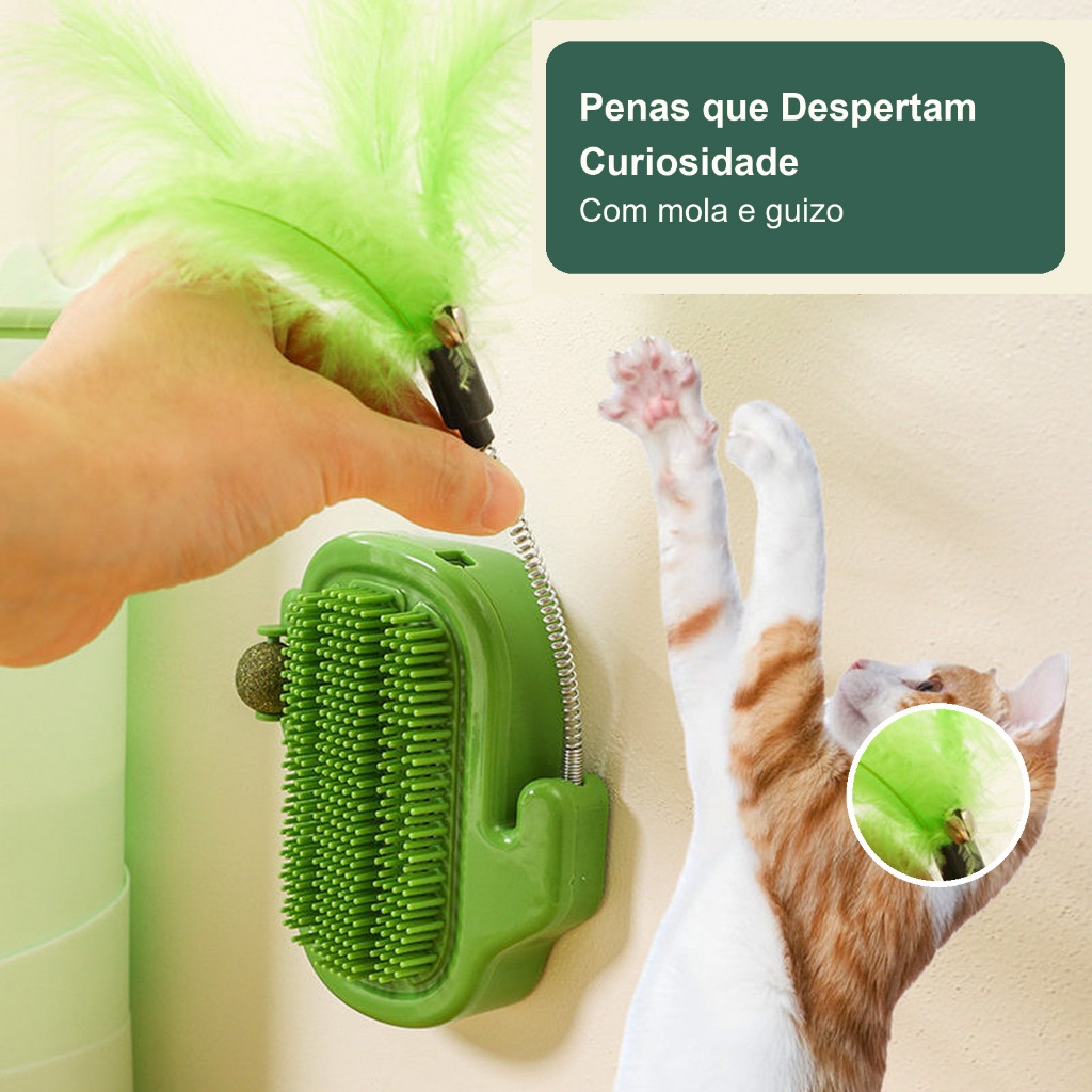 Escova de Canto para Gatos com Catnip, Brinquedo de Parede com Penas, Guizo e Suporte Adesivo