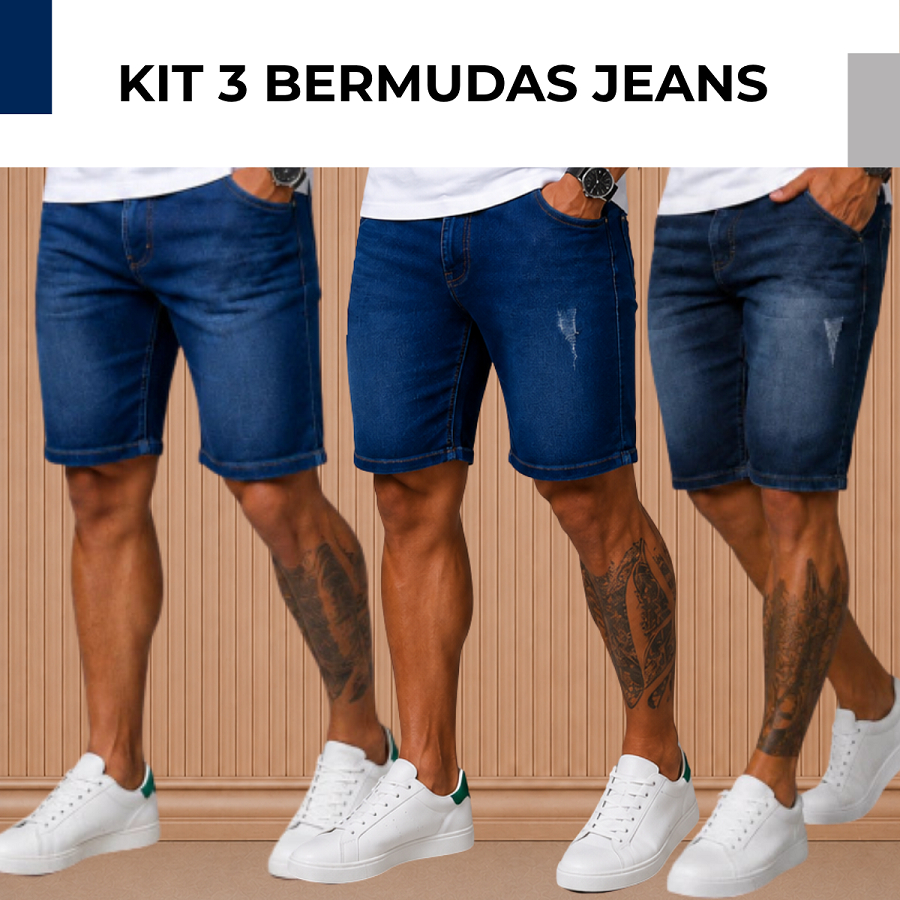Kit de 3 Bermudas Masculina Jeans C/ Elastano - Verão/Primavera - Tendência 2026