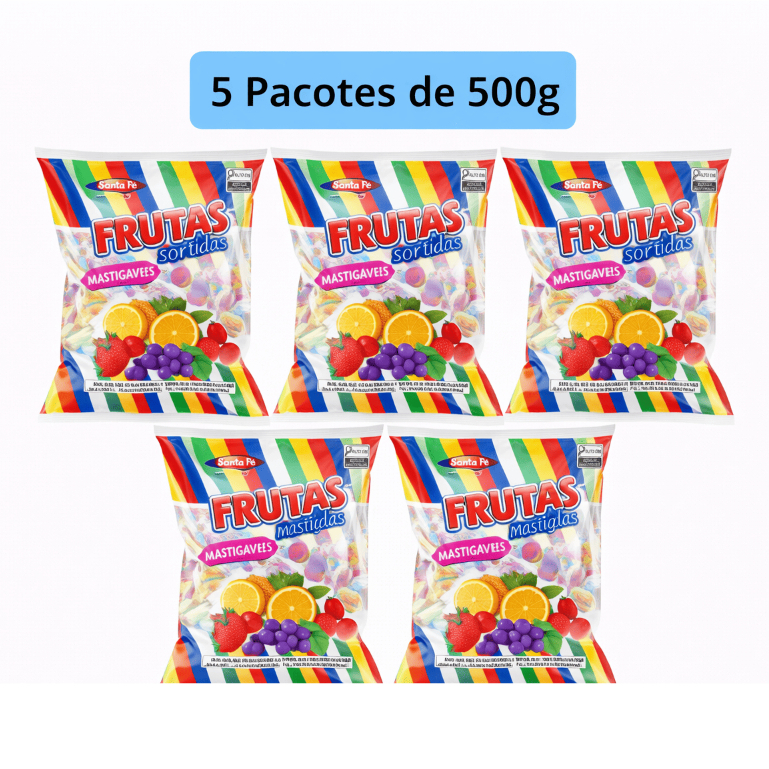 BALA FRUTAS SORTIDAS MASTIGÁVEL 5 PACOTES 500G SANTA FÉ