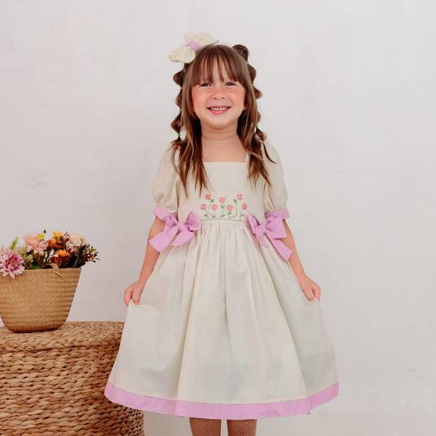 Vestido infantil bordado 100% ALGODÃO menina com laço , forrado e laço para cabeça MAJU