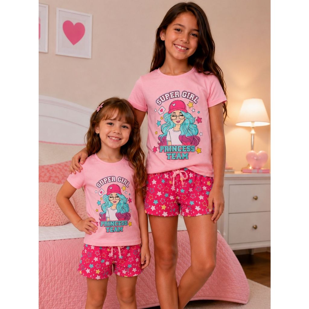 Pijama Infantil Menina De Verão Estampado  Shorts Camiseta Leve Para Calor Em Algodão Kit 2 peças
