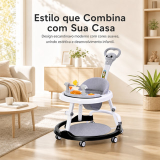 Andador para Bebê com Centro de Atividades, 4 Alturas, Luzes e Sons, Dobrável com Guidão – Cinza