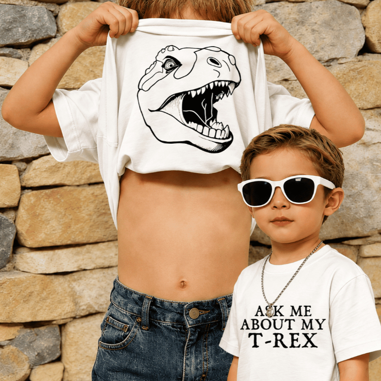 Camiseta Infantil Dinossauro Estampada Camisa Masculina 100% Algodão Blusa Desenho T-Rex Avesso