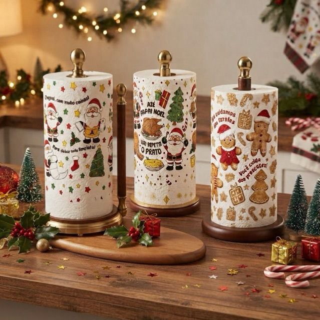 Papel Toalha de Natal Tripla folha Decoração 8 metros 40 guardanapos Natalinos Papai noel Bolachas