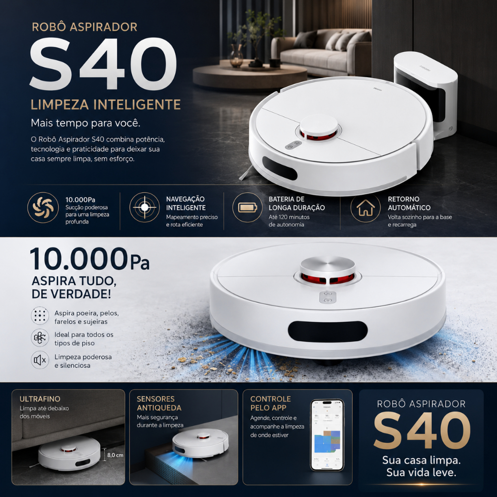 Robô Aspirador Xiaomi S40 Bivolt 10000Pa Mapeamento LDS Wi-Fi Aspira Varre e Pas
