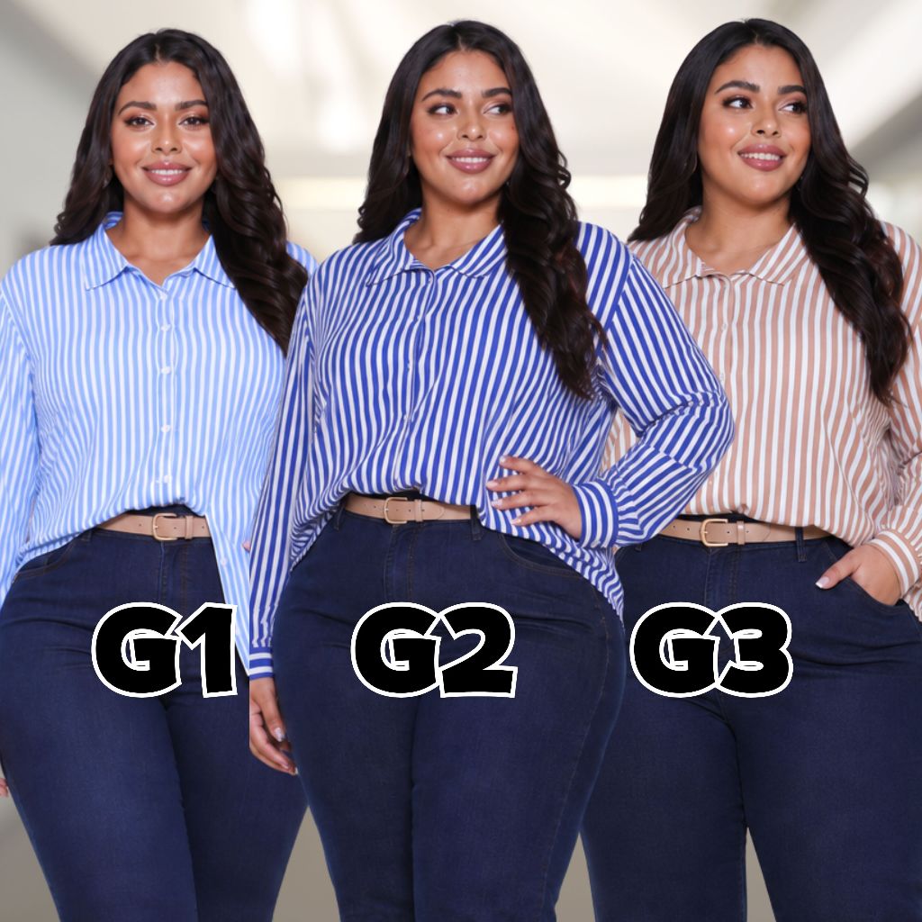 Camisa Feminina Listrada Plus Size G1 G2 G3 Tecido Duna Premium  Manga Longa  Elegante Versatil