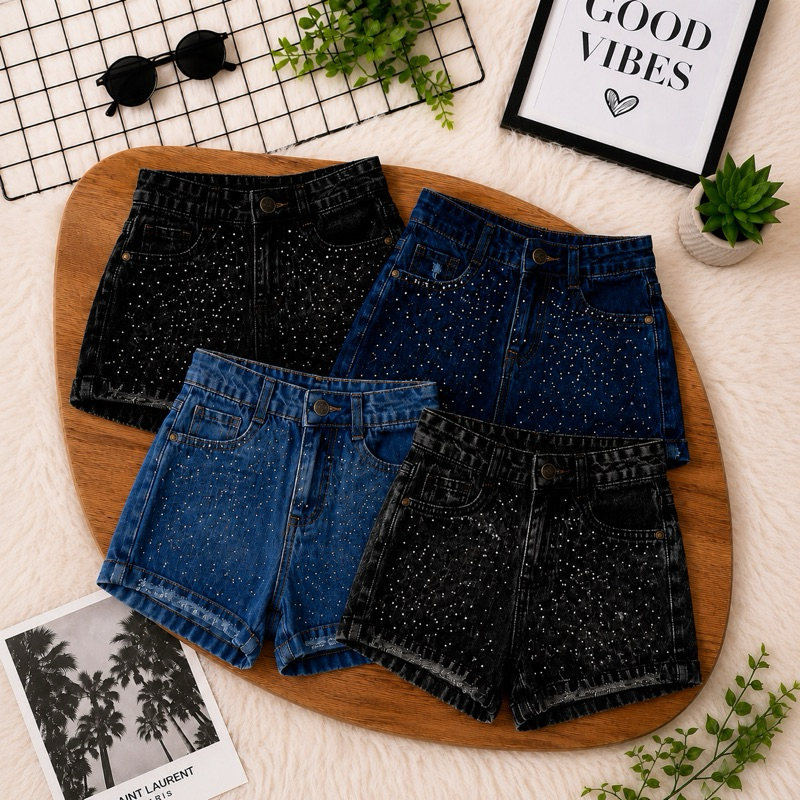 Shorts Jeans Juvenil Menina com Brilho Strass e Regulagem Interna na Cintura Tam 8 ao 16
