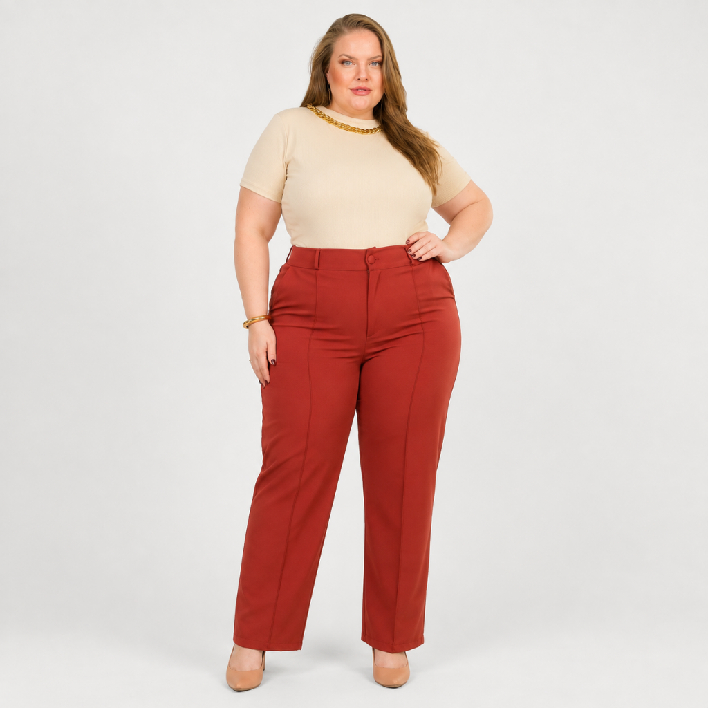 Calça Alfaiataria Feminina Plus Size Cintura Alta Modelagem Reta Elegante G1 G2 G3 G4