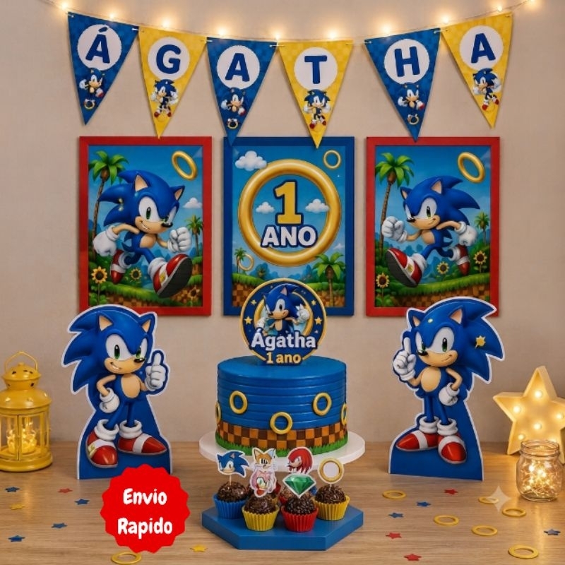 Kit festa 84 peças personalizada Sonic festa infantil aniversário, mesversario kit bolinho