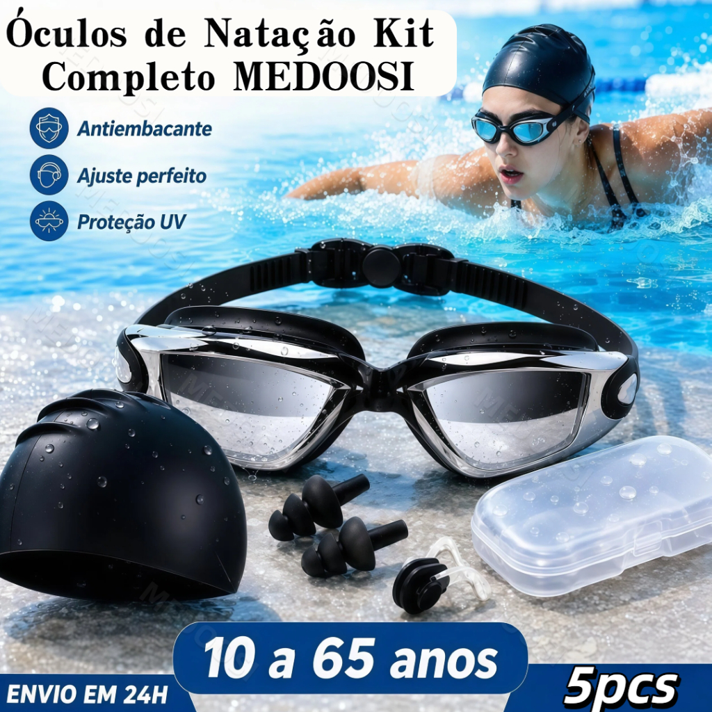 MEDOOSI Kit Natação Antiembaçante para Adulto e Infantil | Óculos + Touca Silicone + Tampões Auriculares + Narizeira