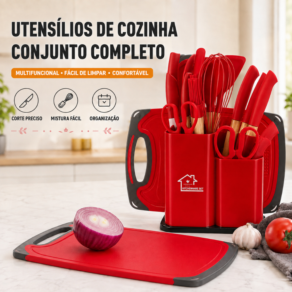 Conjunto Completo 19 Pçs Utensílios Cozinha Antiaderente Resistente ao Calor Facas Tesoura Espátula