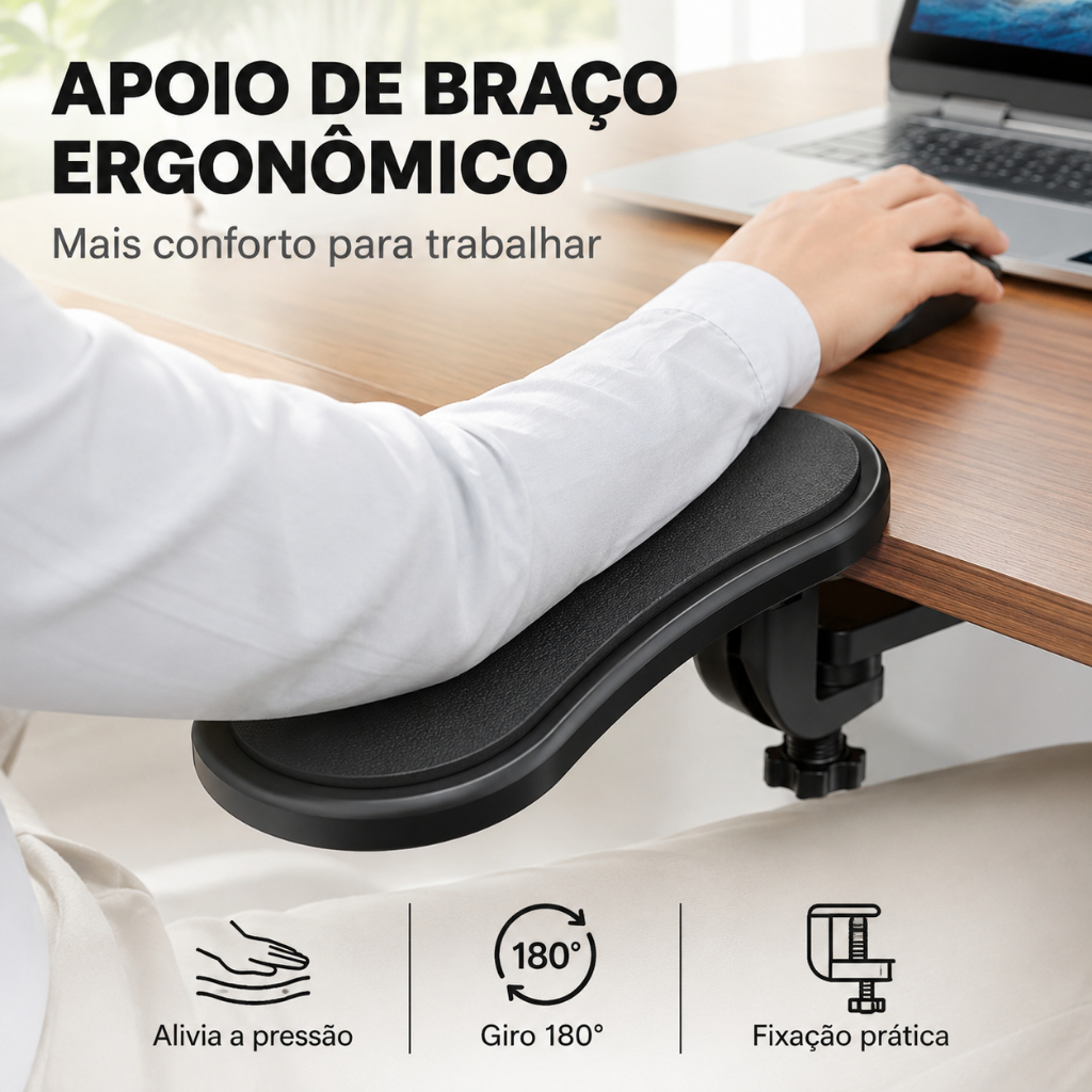 Apoio de Braço Ergonômico para Mesa Gamer e Escritório Ajustável 180° Fixação em Mesa para Computador Notebook Preto