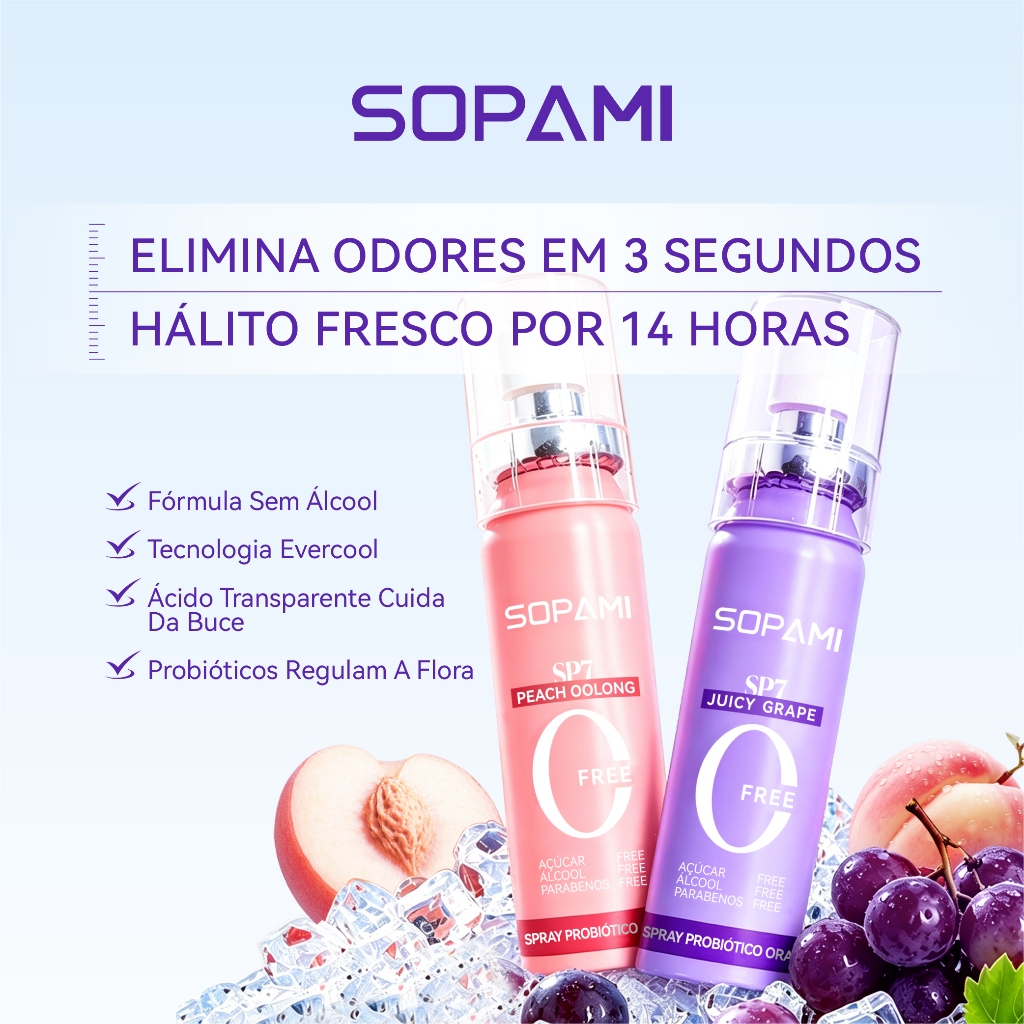 SOPAMI Spray Bucal Probiótico Refrescante Sabor Pêssego Oolong e Uva, Sem Álcool, Portátil para Cuidado Bucal