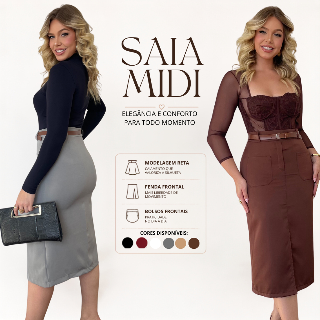 Saia Midi Alfaiataria Com Cinto Feminino Fenda e Bolsos Frontais Sofisticação e Versatilidade em Uma Só Peça.
