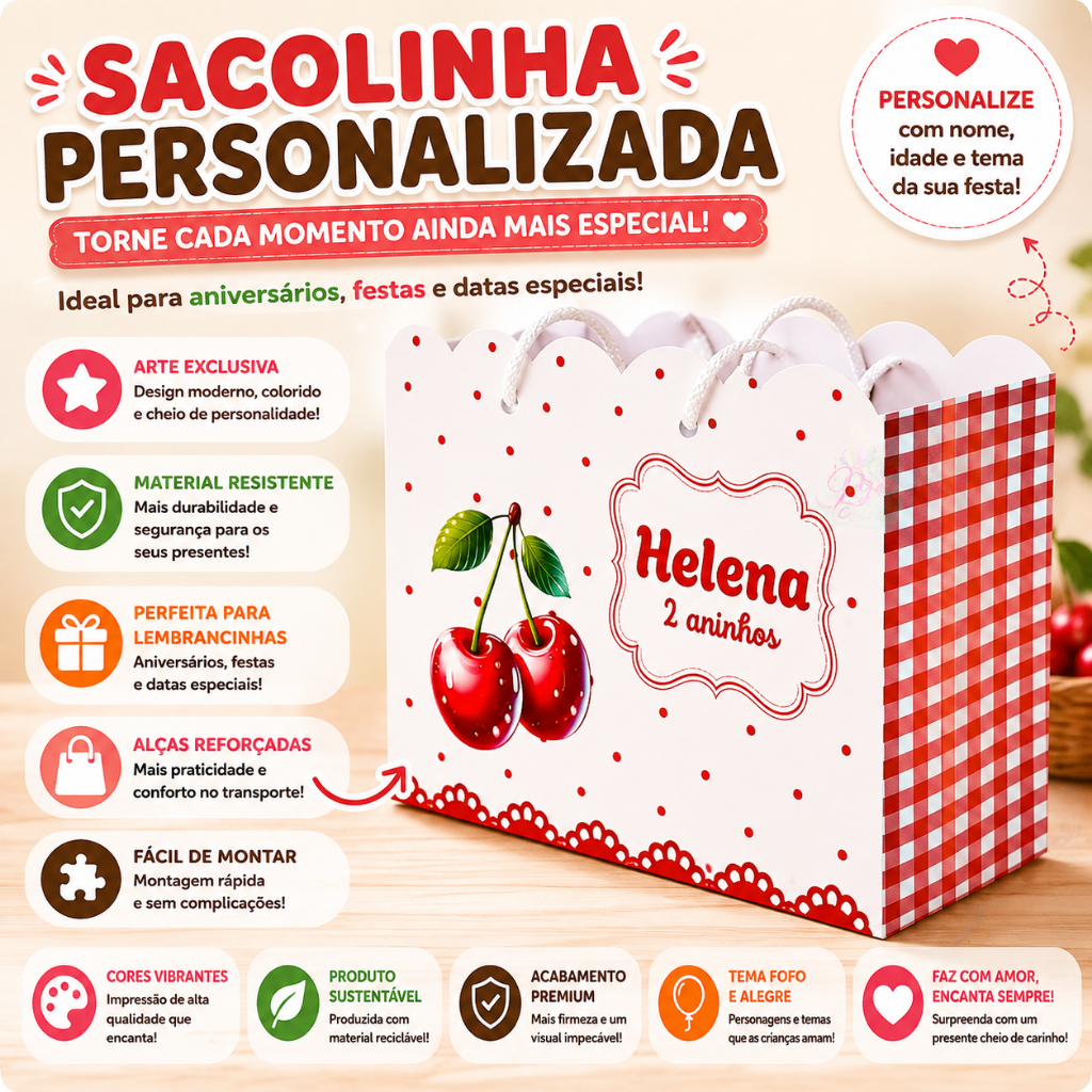 Sacolinha Personalizada Cerejinha para Lembrancinhas | Festa Infantil