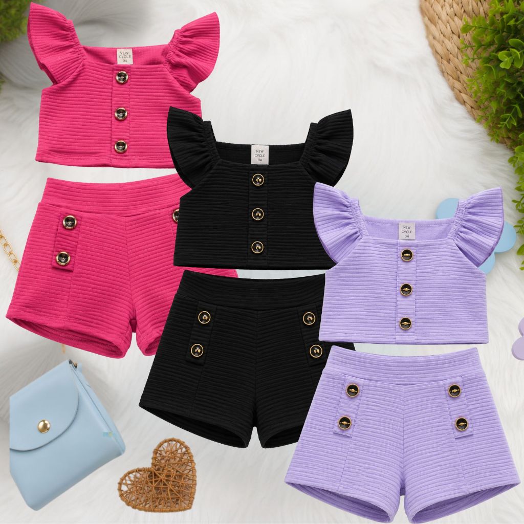 Kit 3 Conjunto Feminino infantil Menina Blogueirinha Canelado Liso babado Básico 02 ao 08
