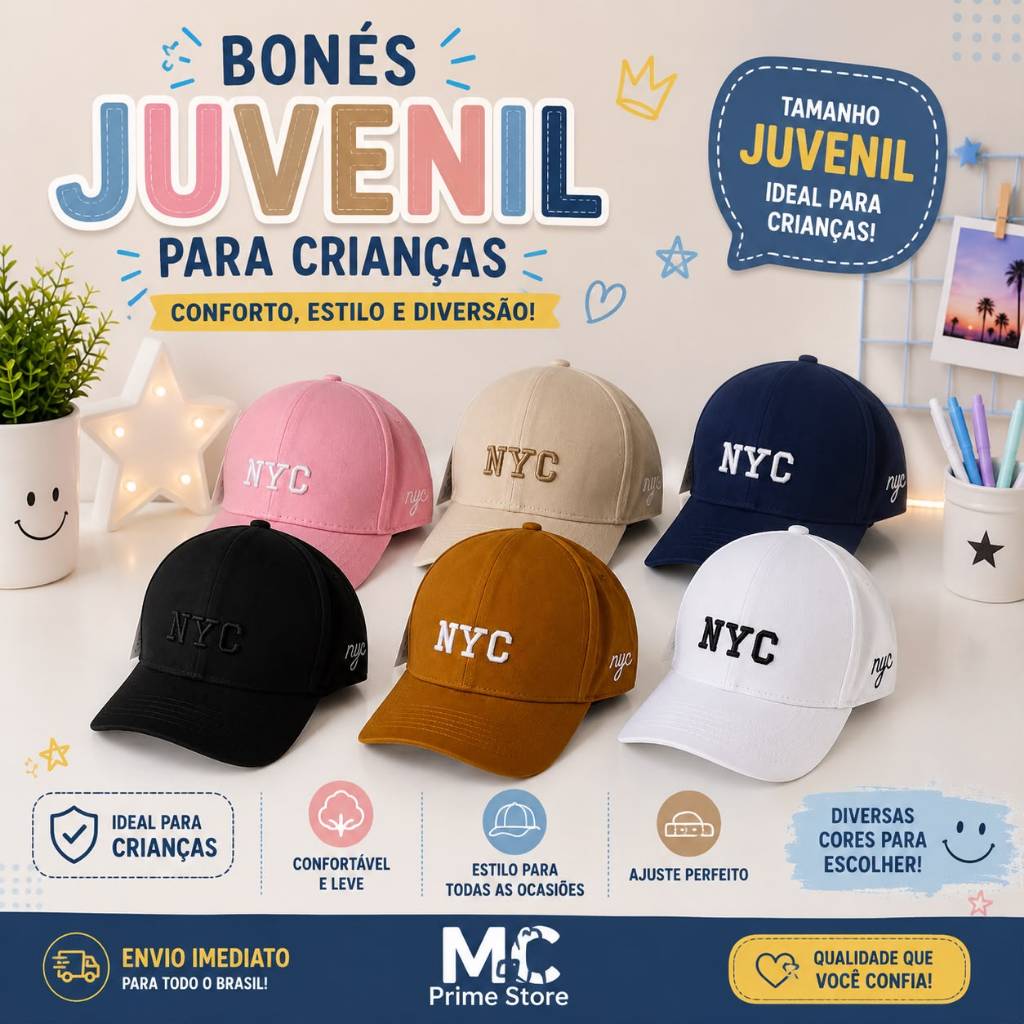 Boné Infantil Juvenil NYC 4 a 14 Anos Aba Curva Ajustável Unissex Bordado Premium