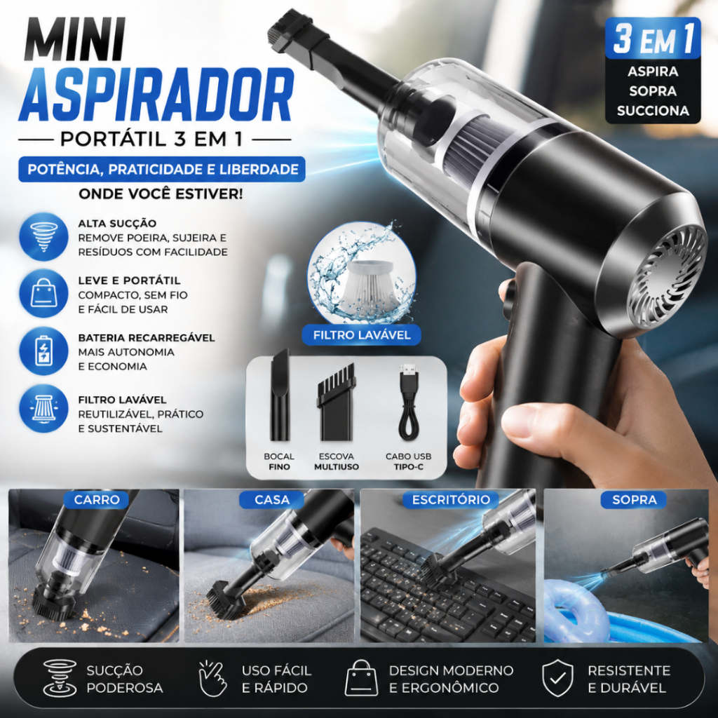 Mini Aspirador de Pó Portátil Sem Fio 120W Recarregável USB para Carro Casa Sofá Tapete