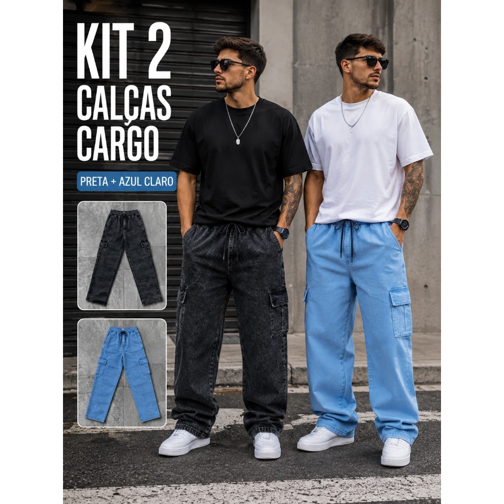 Kit 2 Calças Jeans Cargo Masculina com Cós Elástico e Cordão, Bolsos Laterais, Modelagem Solta e Confortável, Estilo