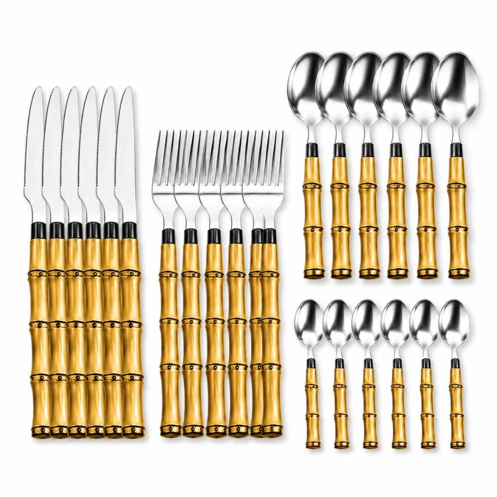 Faqueiro 24,12 ou 8 Peças Aço Inox Cabo Bambu Jogo de Talheres Luxo Cozinha Cabo imitando Madeira Bambu