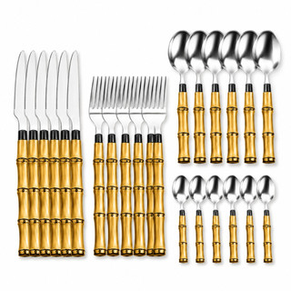 Faqueiro 24,12 ou 8 Peças Aço Inox Cabo Bambu Jogo de Talheres Luxo Cozinha Cabo imitando…
