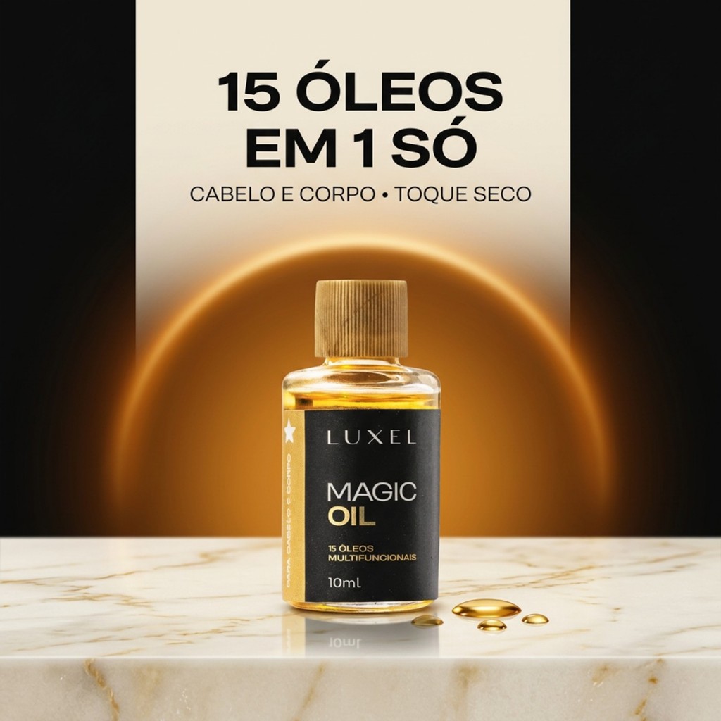 Óleo Capilar Multifuncional Luxel Magic Oil 15 Óleos Naturais Cabelo e Corpo Antifrizz Toque Seco Nutrição Brilho 10ml