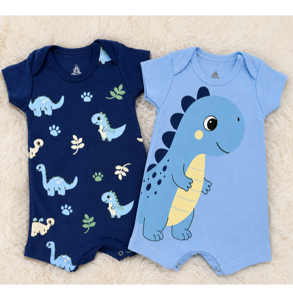 Kit 2 Macacão Romper Bebê Menino Verão 100% Algodão Banho de Sol Manga Curta RN,P,M,G,GG Dinossauro