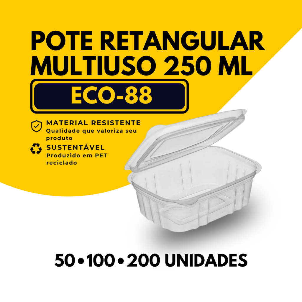 Embalagem Pote Multiuso 250ml Descartável Retangular Com Tampa Transparente Ref.88