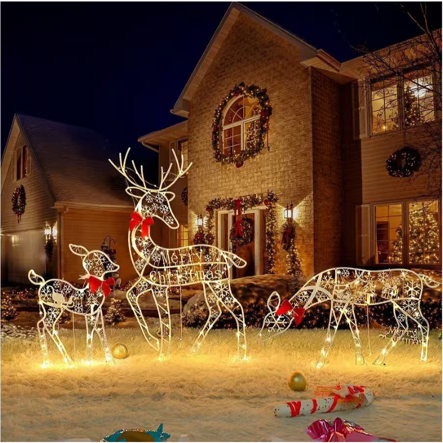 Decoração Natalina 3 Renas LED Jardim Exterior Família de Veados Metal 110V 220V N8
