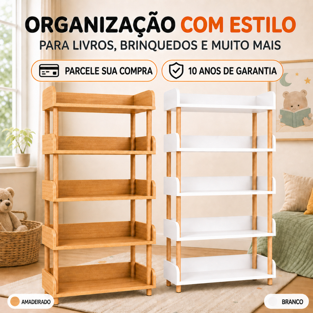 Wooden Bookcase, Estante Organizadora Multiuso, Prateleira de Armazenamento para Sala, Quarto, Escritório e Decoração