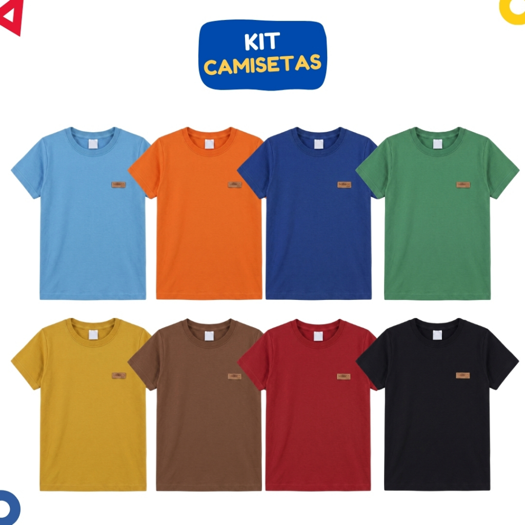 Kit 4 Peças Camisetas Infantil Básicas Menino Manga Curta Lisas Verão 1 ao 14