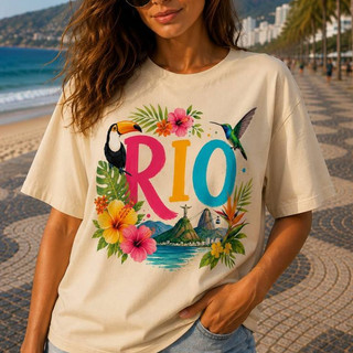 T-Shirt Feminina Camiseta 100% Algodão Blusa Estampa Verão Blusa Casual Leve Macio IN RIO 2*