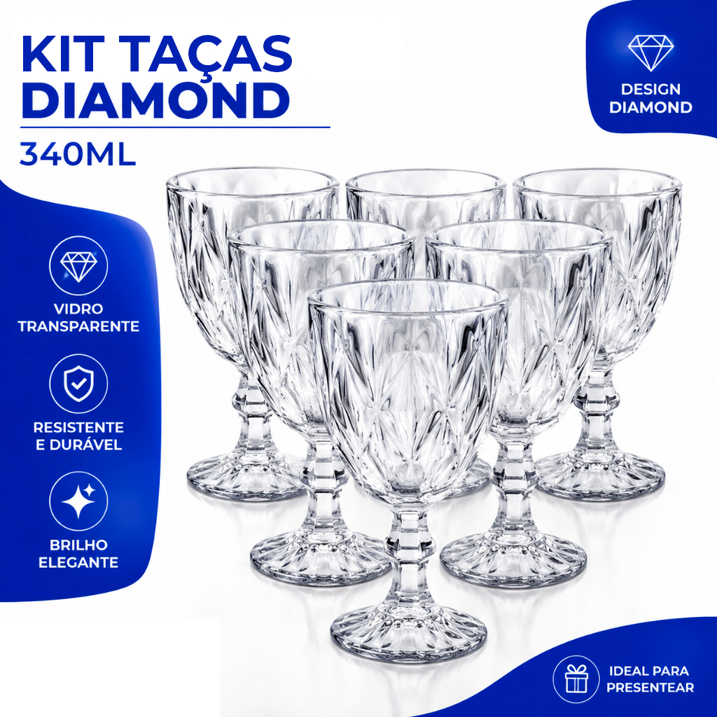 Jogo Taças Vidro 340Ml Diamond Bico Jaca Abacaxi Conjunto Taça Para Água Vinho Tinto Suco Diamante