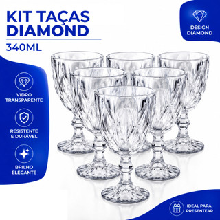 Jogo Taças Vidro 340Ml Diamond Bico Jaca Abacaxi Conjunto Taça Para Água Vinho Tinto Suco Diamante