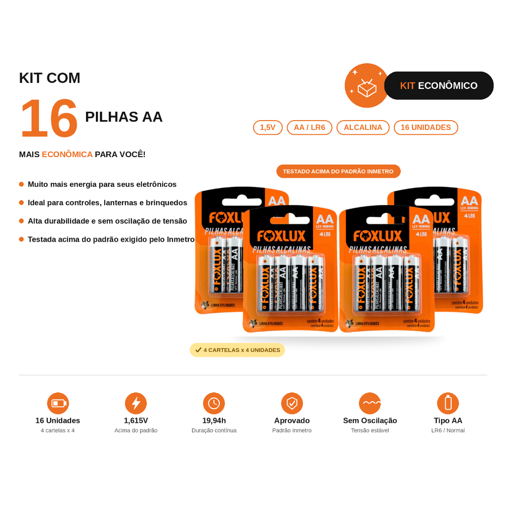 Pilha Alcalina Pequena AA Foxlux Kit 16 Unidades
