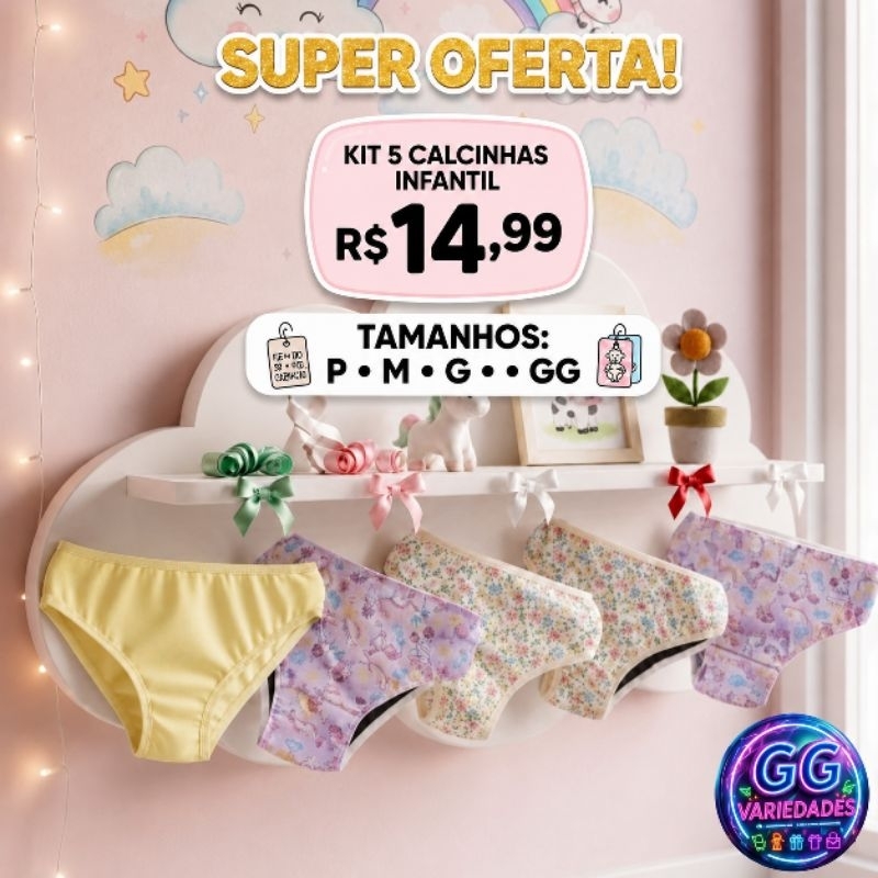 Kit 5 calcinhas infantis estampadas 100% algodão Menina Confortável ideal para desfralde