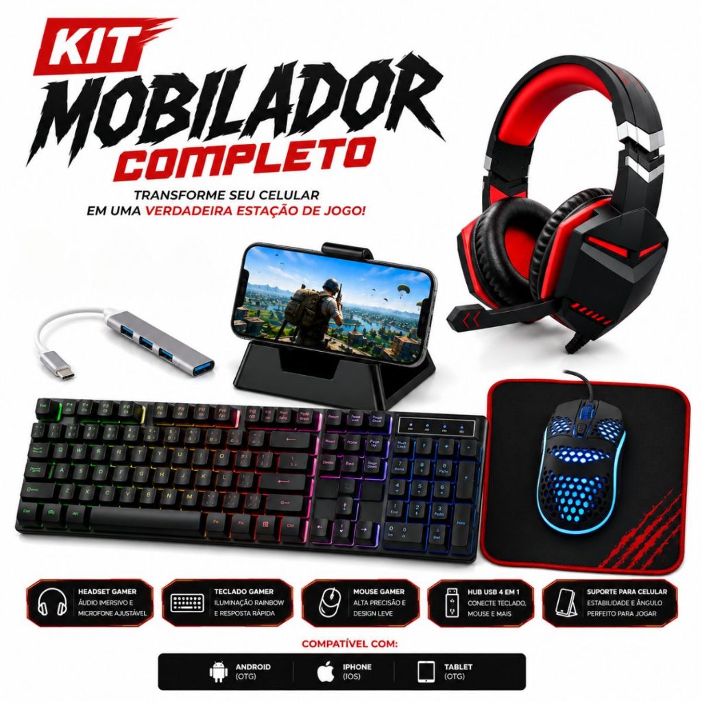 Kit Mobilador Gamer Completo Com Mouse Teclado Led Rgb Fone Headset Usb Tipo C Free Fire