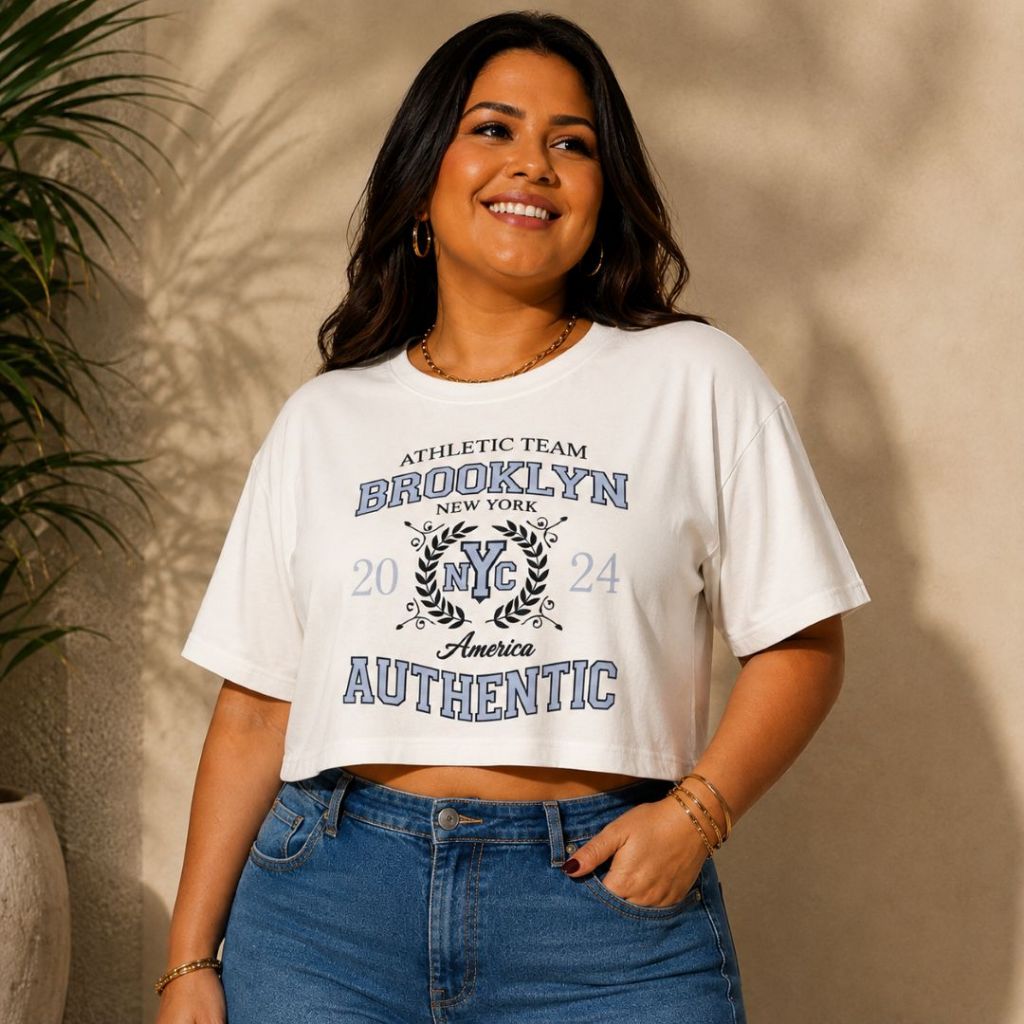 Camiseta Cropped Feminino Brooklyn Plus Size 100% Algodão Não Marca Confortável
