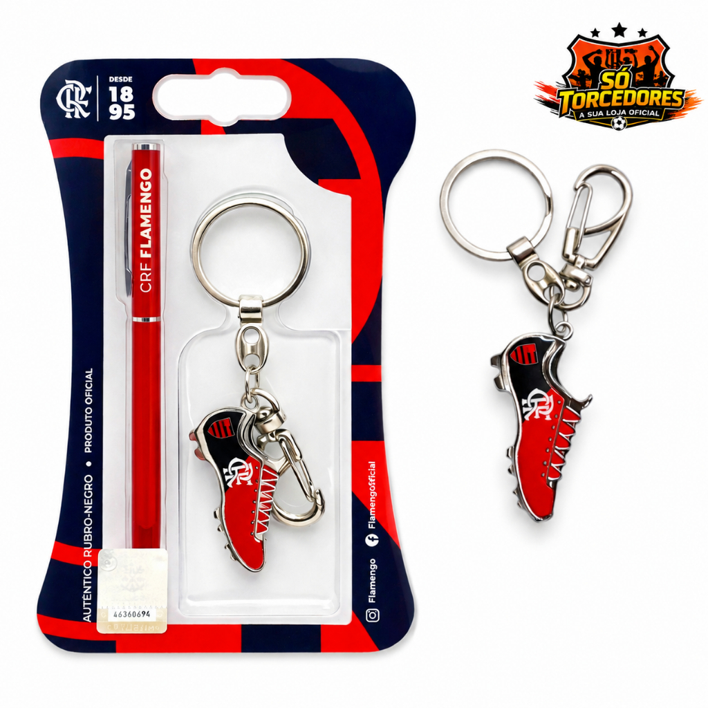 KIT CANETA E CHAVEIRO CHUTEIRA FLAMENGO OFICIAL