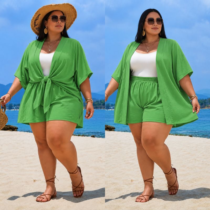 Conjunto Feminino 2 peças Blusa Kimono + Short Cintura Alta Tecido Leve Duna Liso Moda Praia Verão Plus Size Confortável