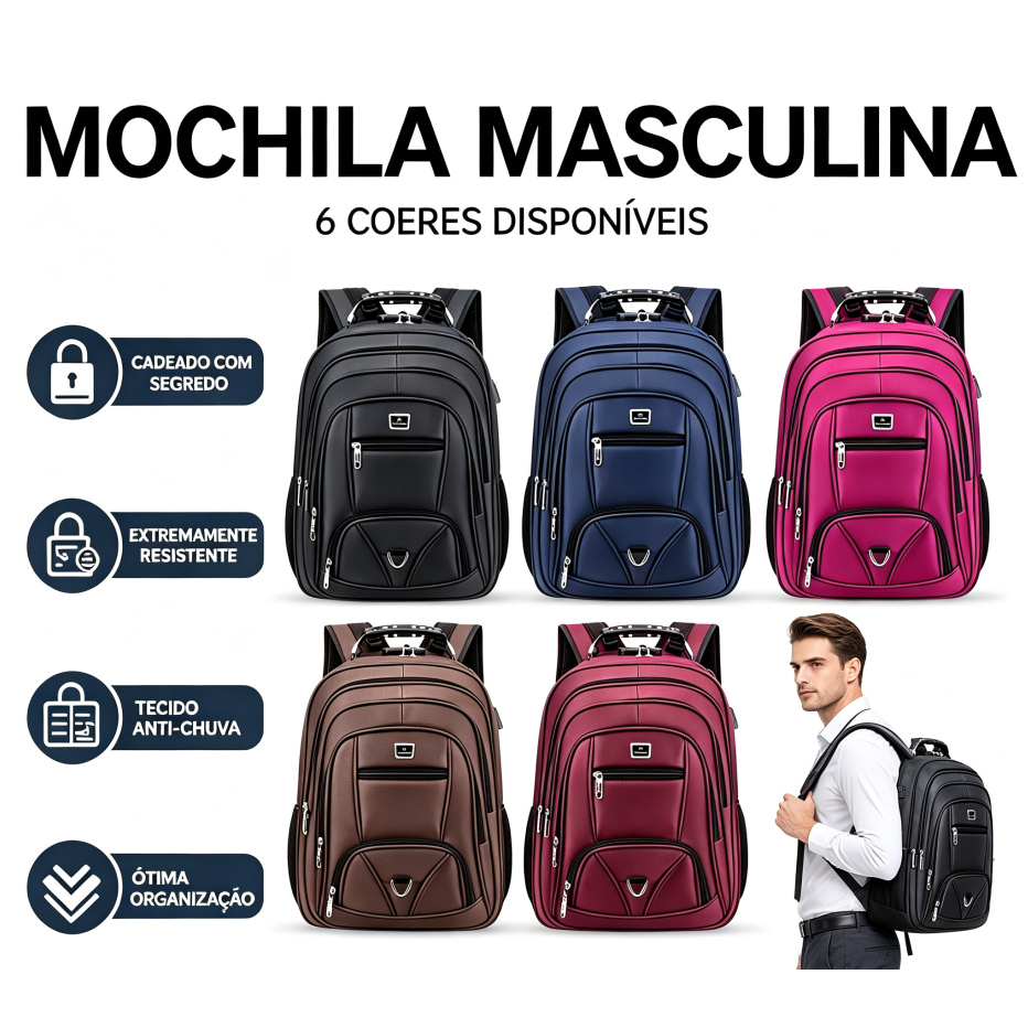 【Oferta Relâmpago da Loja】Mochila Masculina-Feminina Impermeável Faculdade Resistente Grande