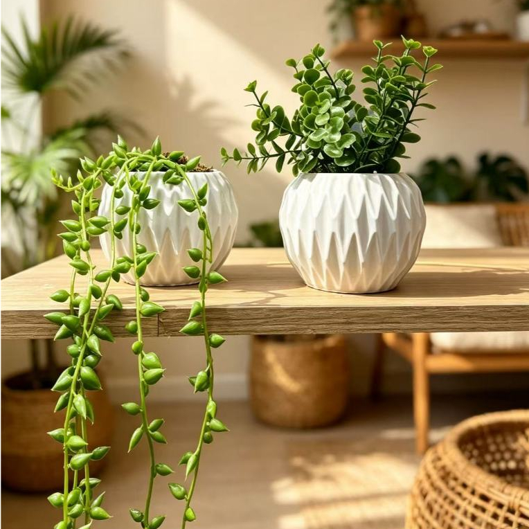 Kit com 2 Arranjos de Planta no Vaso Redondo de Gesso